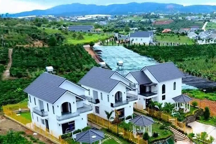 Cụm biệt thự nghỉ dưỡng ven Đà Lạt – dãy nhà mái dốc xám, tường trắng, sân vườn gazebo, giữa thung lũng cà phê và đồi núi