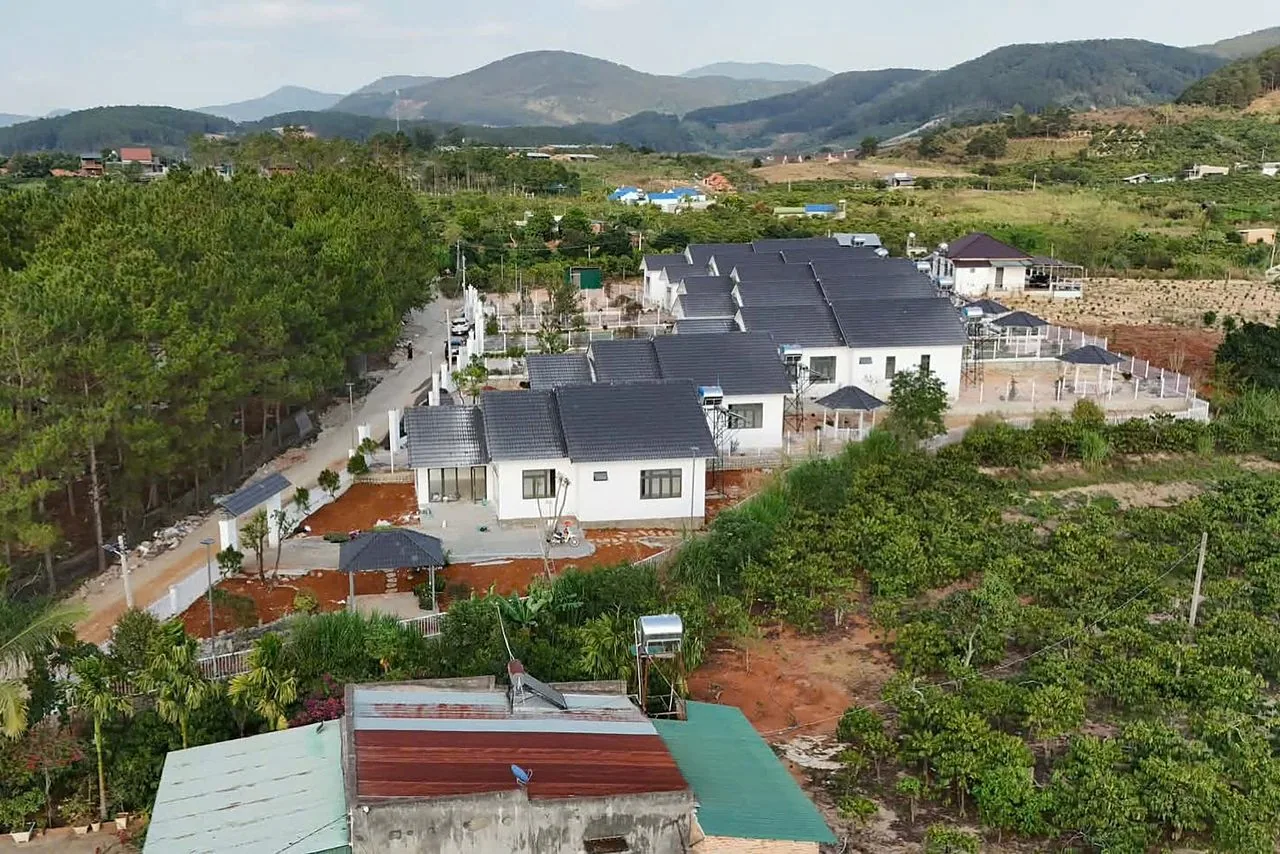 Cụm 24 nền đất dưới tán rừng thông Mê Linh Nam Ban nhìn từ flycam, rừng thông và villa