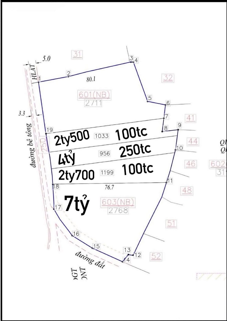 Bản vẽ chia 4 lô gần hồ Từ Liêm của bên bán: 1.033m² 2,5 tỷ, 956m² 4 tỷ, 1.199m² 2,7 tỷ, thửa 603 rộng 2.768m² 7 tỷ, giáp đường bê tông