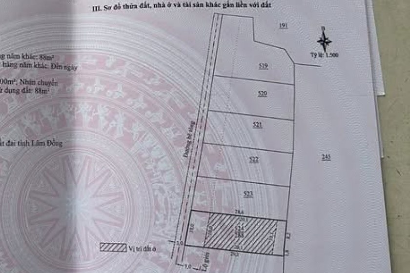 Sơ đồ phân lô cụm 6 lô Mê Linh, Nam Ban trên sổ: thửa 519 đến 524 tờ 22 xếp liền nhau, cùng giáp đường bê tông