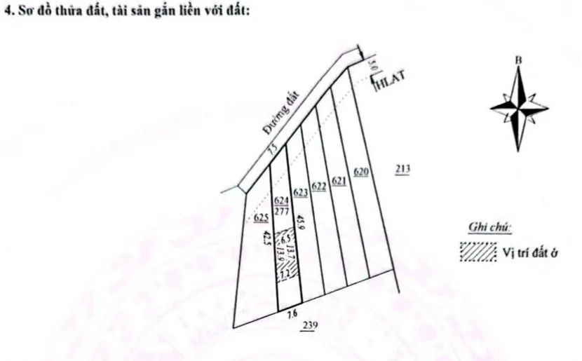 Sơ đồ tách thửa cụm 6 lô (620–625) tách từ thửa 238 TT Nam Ban – mỗi lô có phần đất ở (vị trí đất ở gạch chéo), mặt tiền đường phía trên