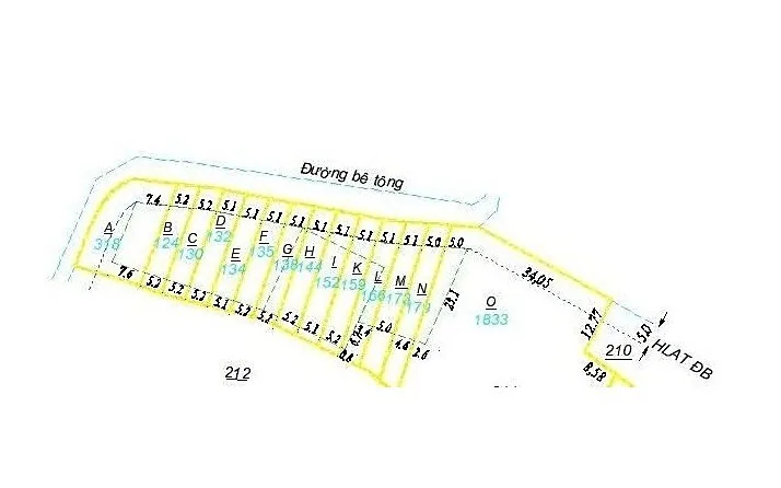 Sơ đồ phân lô nguyên cụm Bãi Công Nam Ban – đủ 14 nền A–O, kích thước từng nền, mặt đường bê tông, hành lang an toàn đường bộ