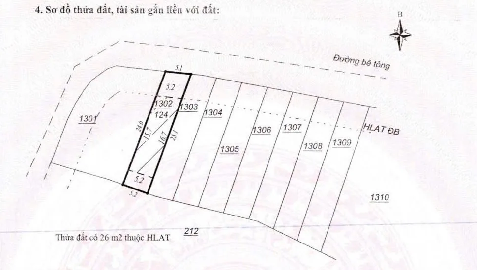 Sơ đồ đo đạc 2 lô còn lại gần hồ Bãi Công – thửa 1302 (124m²) và 1303 (130m²) tách từ thửa 211, mặt tiền 5,2m, đường bê tông, mỗi lô 26m² thuộc HLAT