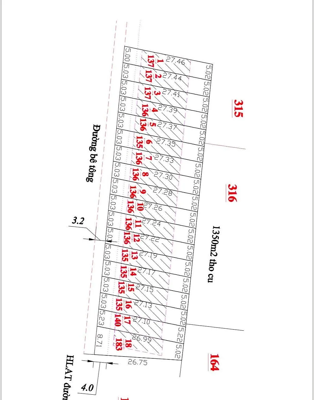 Bản vẽ phân lô 18 nền Chi Lăng Nam Ban – nền 1–18 ngang 5m dài ~27m, tổng 1.350m² thổ cư, mặt đường bê tông, HLAT