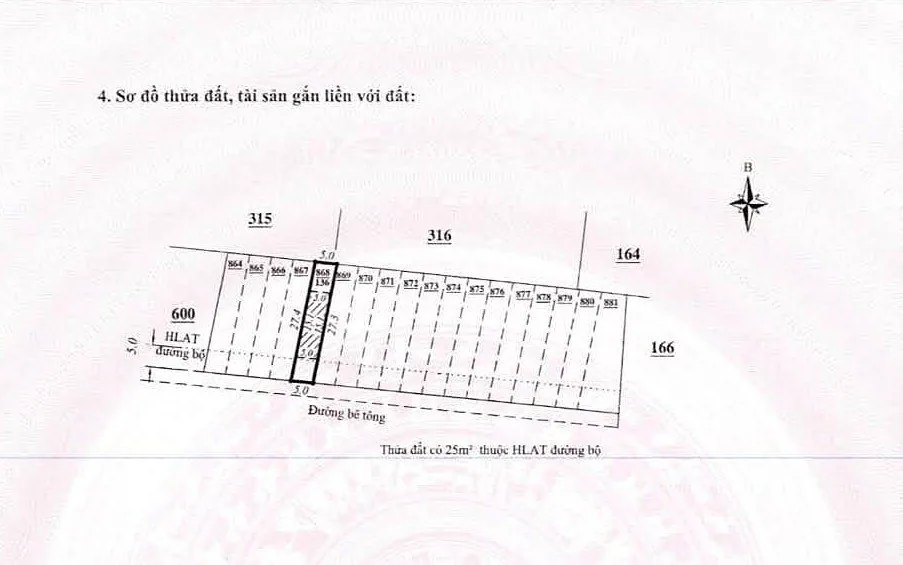 Sơ đồ sổ thửa 868 cụm Chi Lăng Nam Ban – thửa 864–881 mặt đường bê tông, ghi chú 25m² thuộc hành lang an toàn đường bộ, tách từ thửa 601