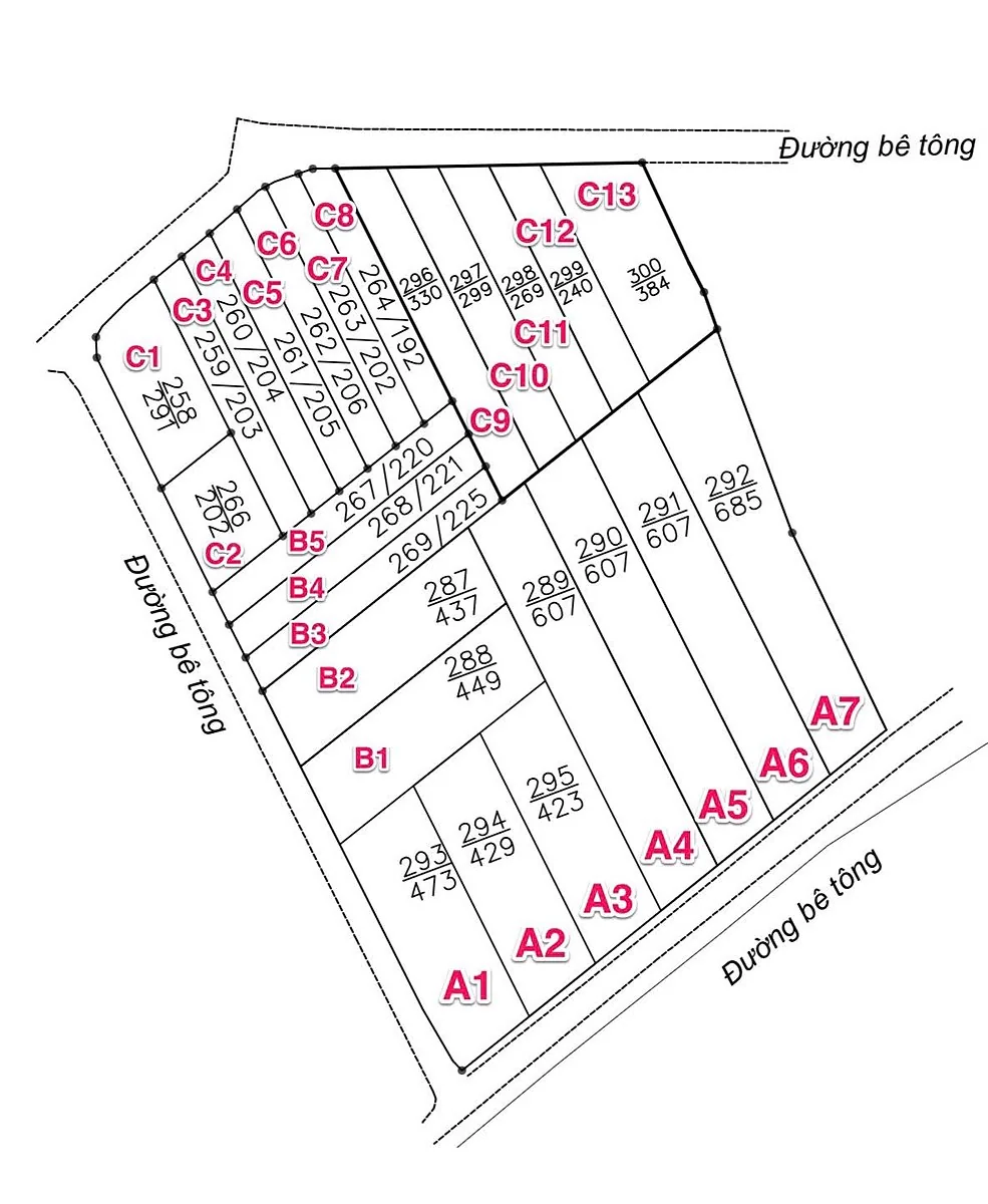 Sơ đồ phân lô khu Đông Thanh LakeView Retreat – các nền A1–A7, B1–B5, C1–C13, giáp đường bê tông 2 mặt