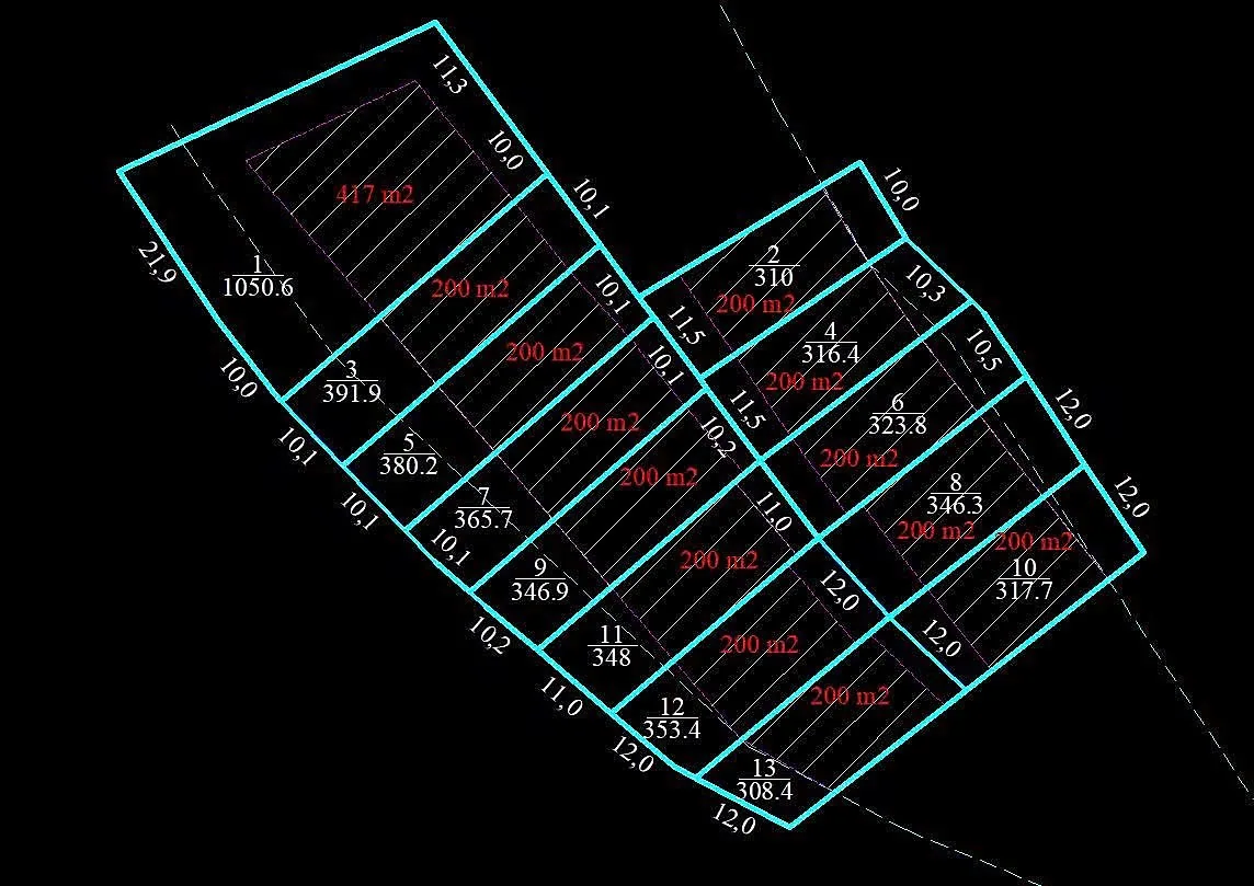 Bản vẽ CAD phân lô cụm 14 nền khu biệt thự HT86 Nam Ban – số nền, diện tích từng nền và phần thổ cư 200m²