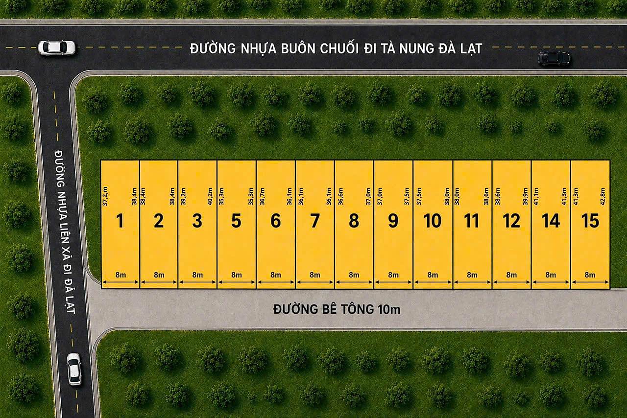 Sơ đồ phân lô cụm 12 lô Mê Linh ven Đà Lạt – các lô ngang 8m dài 37–43m, đường bê tông 10m trước đất, giáp đường nhựa Buôn Chuối đi Tà Nung Đà Lạt