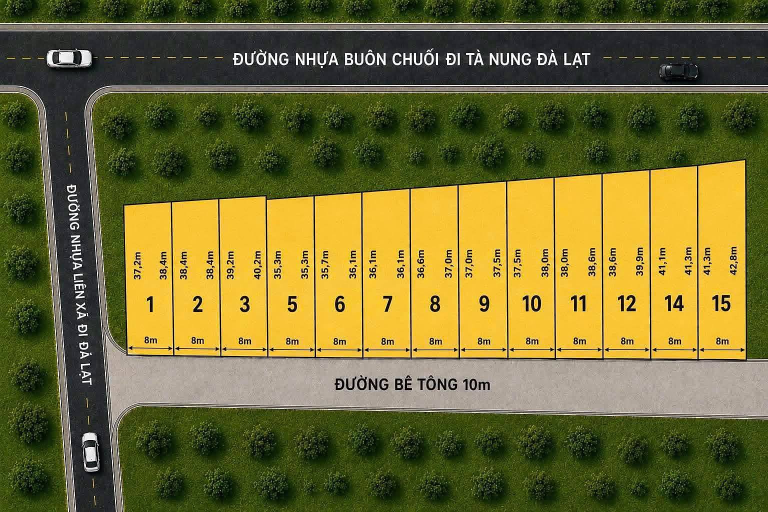 Sơ đồ phân lô cụm 15 lô Mê Linh ven Đà Lạt – mỗi lô ngang 8m, đường bê tông 10m trước đất, giáp đường nhựa Buôn Chuối đi Tà Nung Đà Lạt