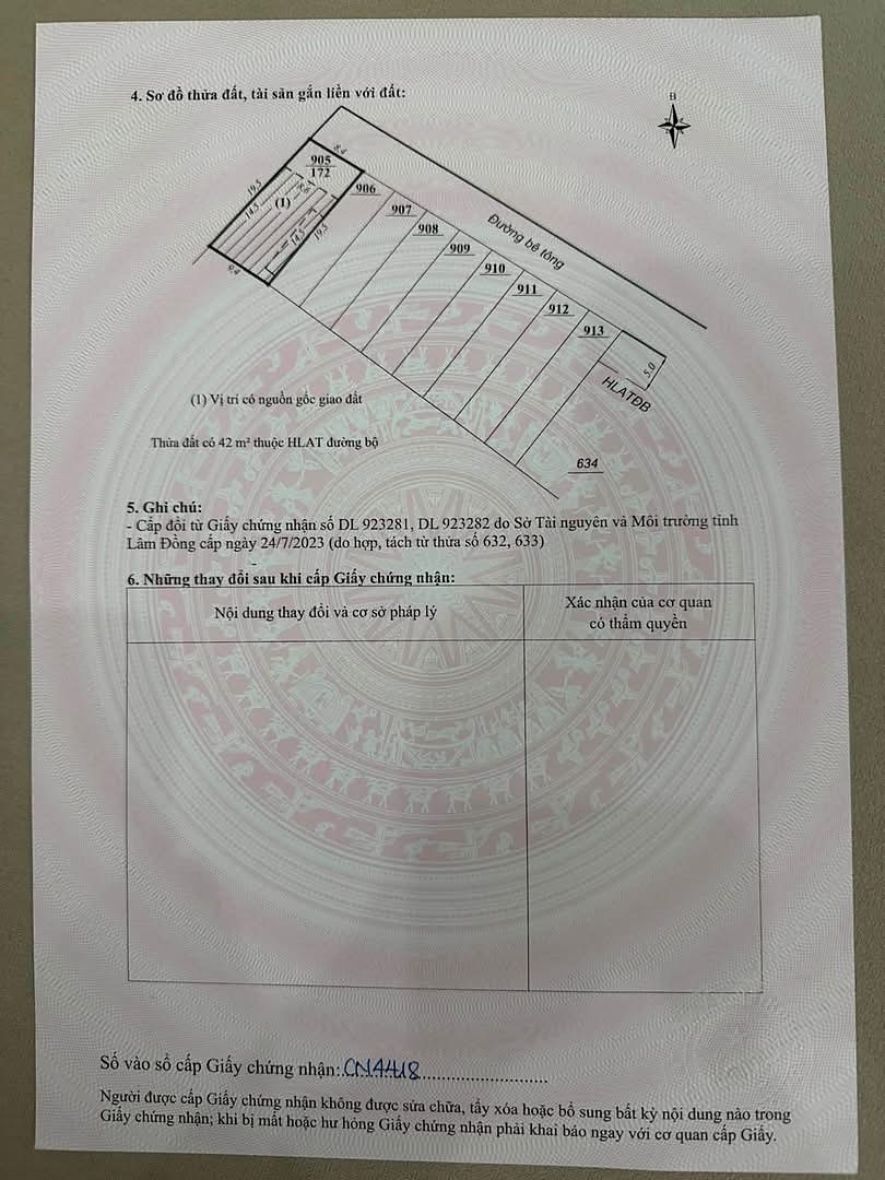 Sơ đồ phân lô cụm 9 nền Mê Linh Nam Ban theo giấy chứng nhận – các thửa 905 đến 913, mỗi nền ngang 5m, tiếp giáp đường bê tông