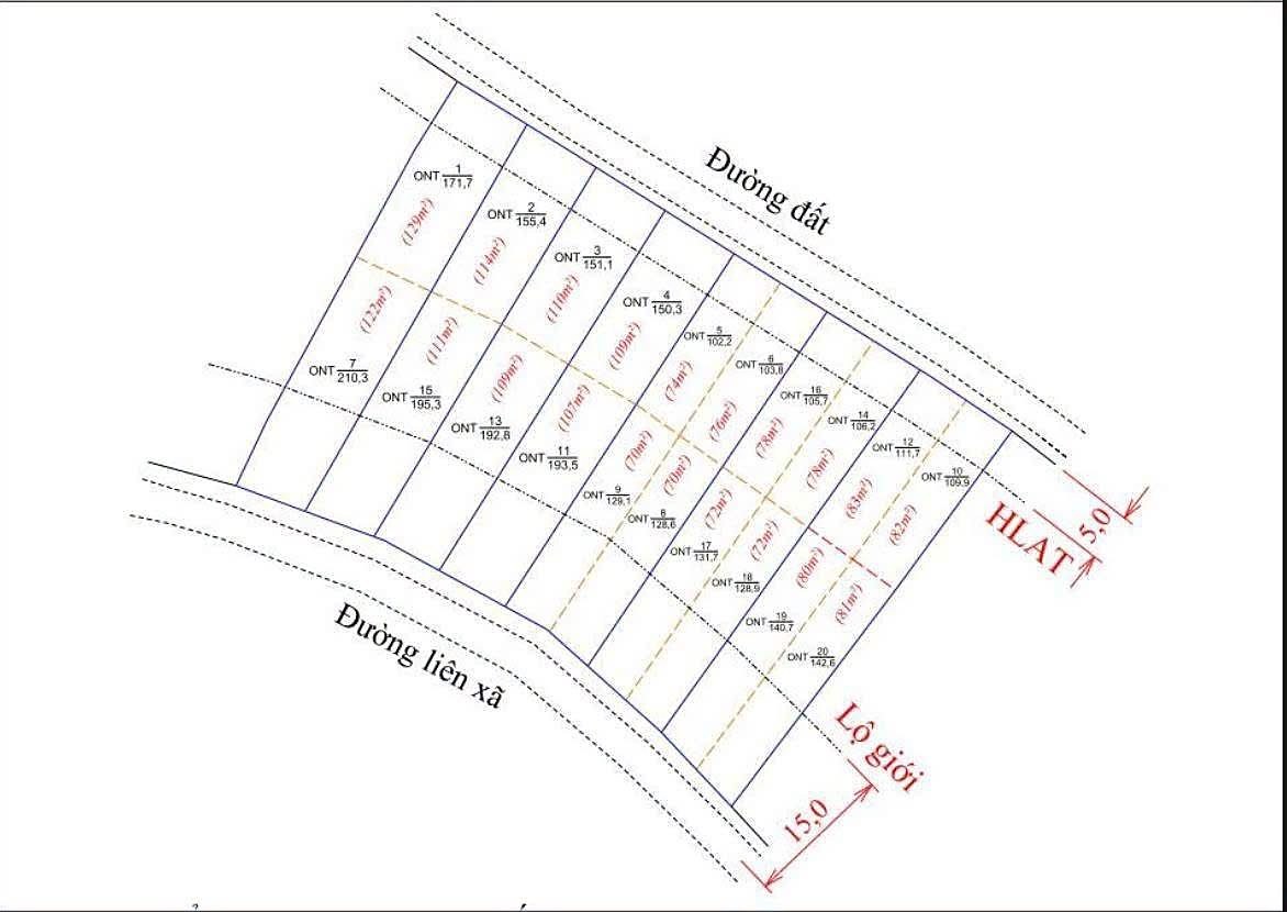 Sơ đồ phân lô cụm Nam Ban – Mê Linh, các nền ONT đánh số 1–20, kích thước từng nền, lộ giới 15m, hành lang an toàn 5m