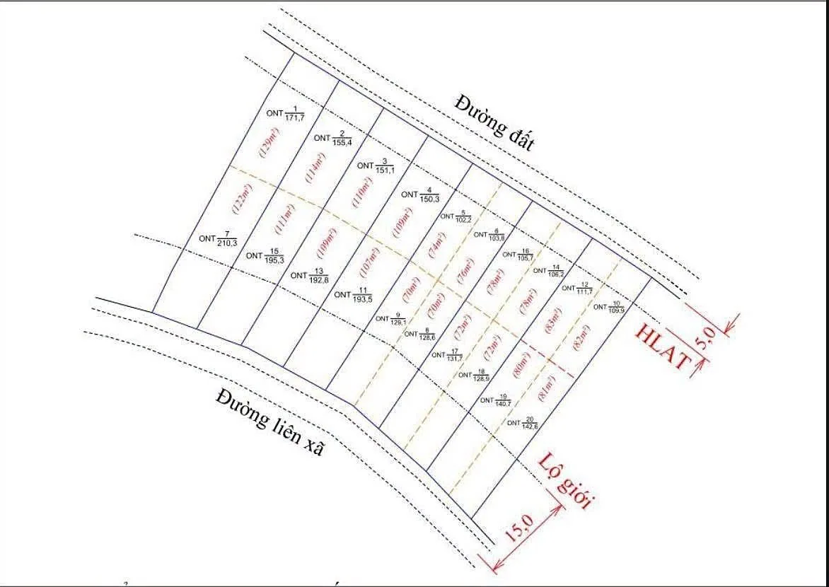 Sơ đồ phân lô cụm Nam Ban – Mê Linh, các nền ONT đánh số 1–20, kích thước từng nền, lộ giới 15m, hành lang an toàn 5m