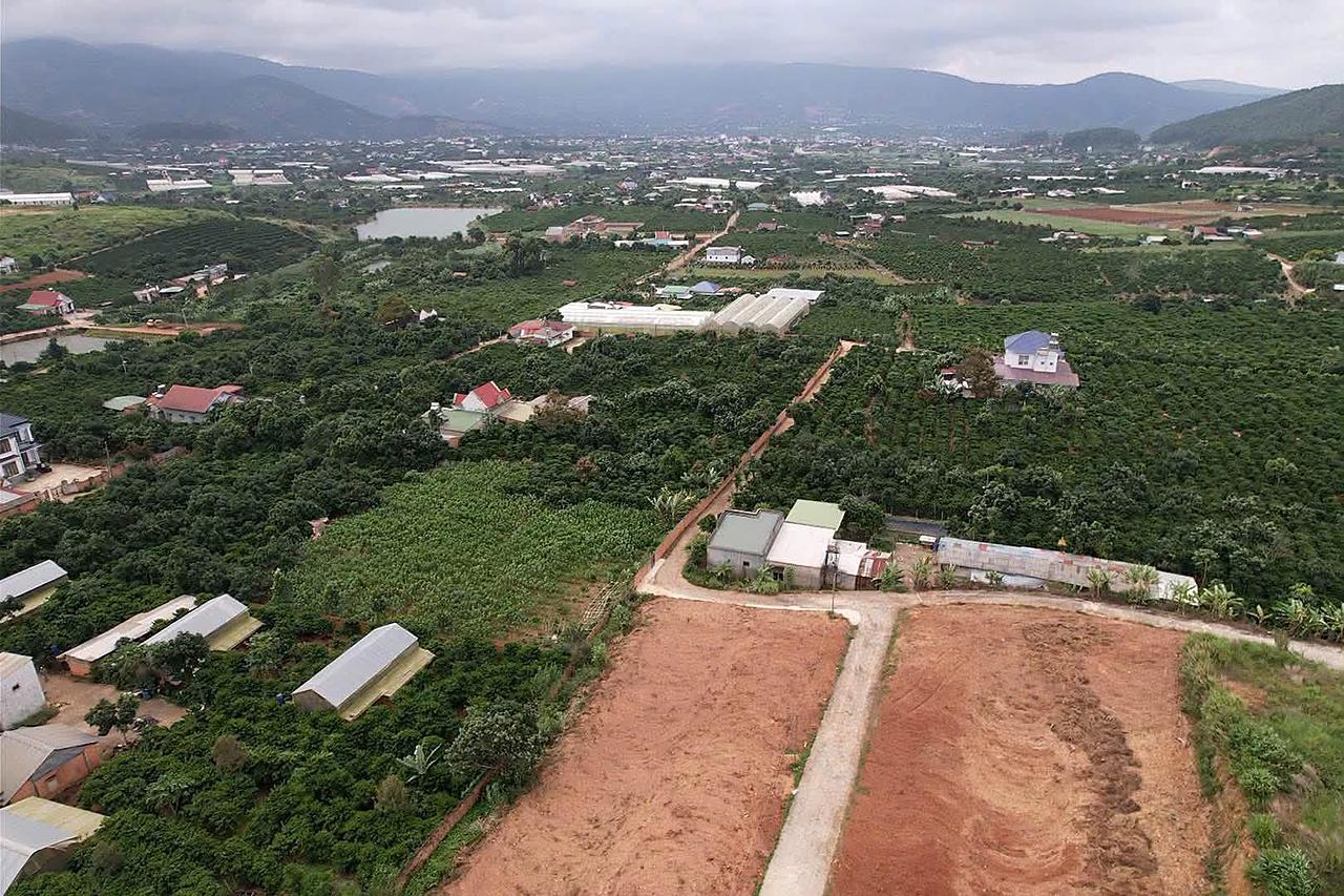 Cụm phân lô Nam Ban gần Hồ Bãi Công nhìn từ flycam, đường bê tông chia lô, ngang 5m full thổ cư