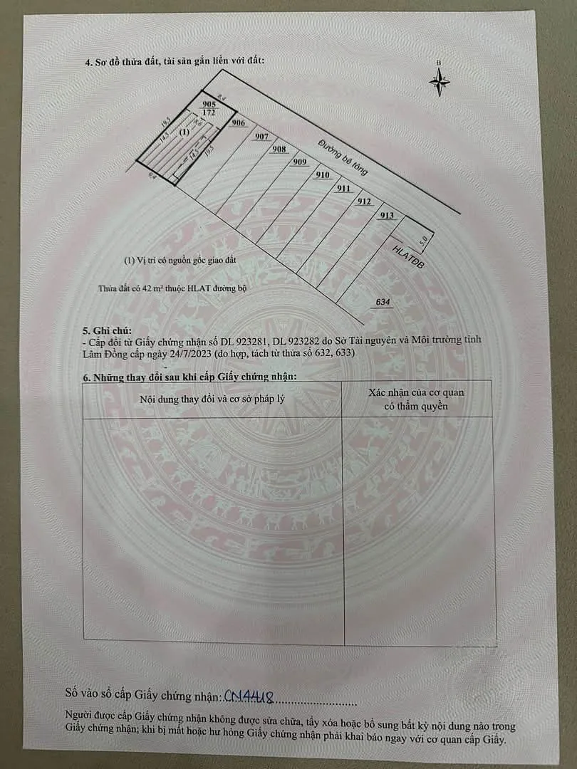 Sơ đồ phân lô cụm 9 nền Nam Ban gần Hồ Bãi Công theo giấy chứng nhận – các thửa 905 đến 913, mỗi nền ngang 5m, tiếp giáp đường bê tông