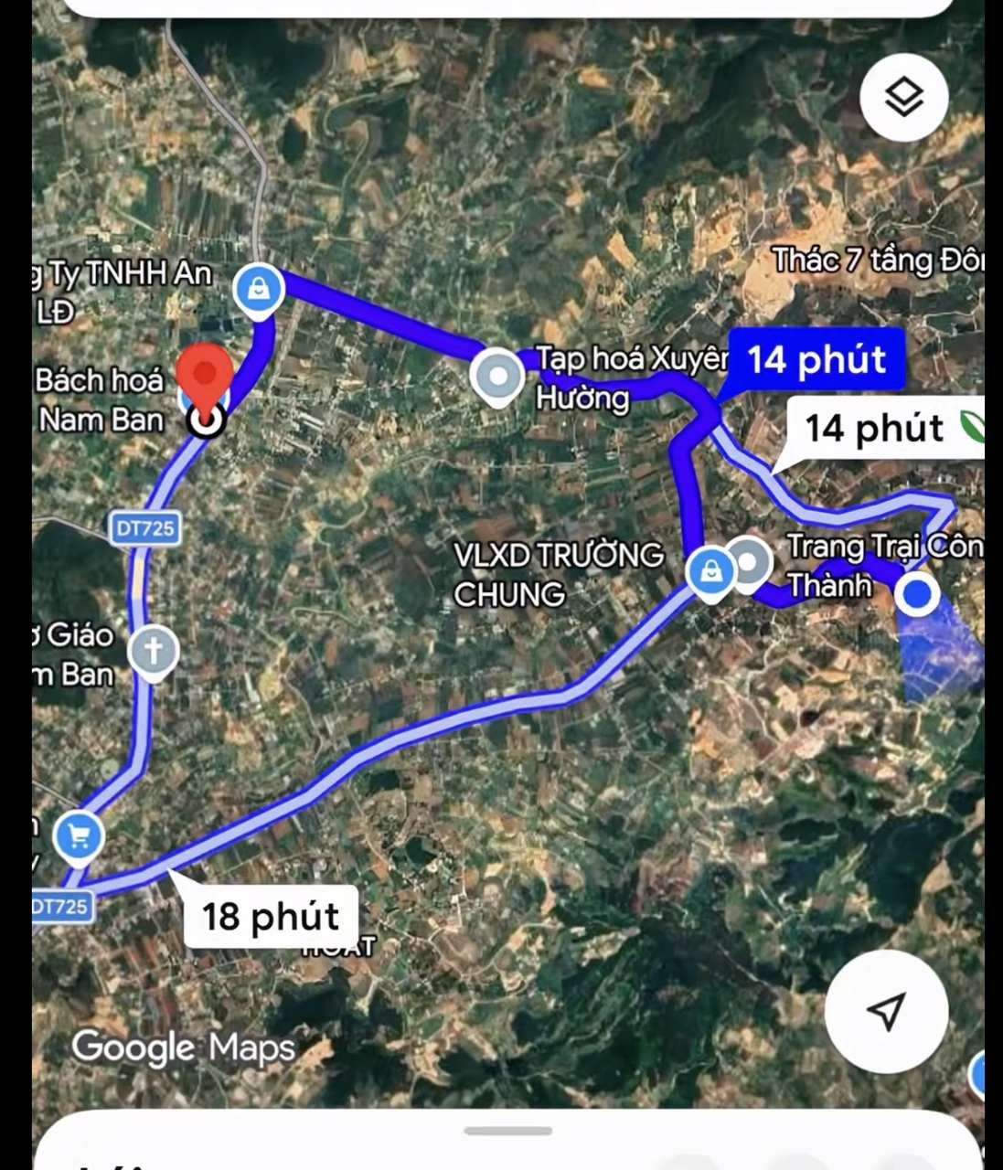 Bản đồ đường đi từ khu Nam Ban Cloudy Hill tới chợ Thăng Long Nam Ban khoảng 7km, 14 phút lái xe