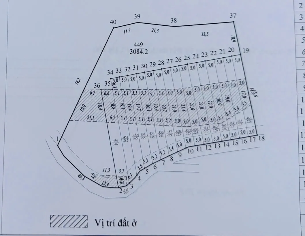Sơ đồ đo đạc thửa 449 (3.084m²) khu Nam Ban Cloudy Hill Đông Thanh – chia 40 nền ngang 5m, phần gạch chéo là vị trí đất ở (thổ cư)