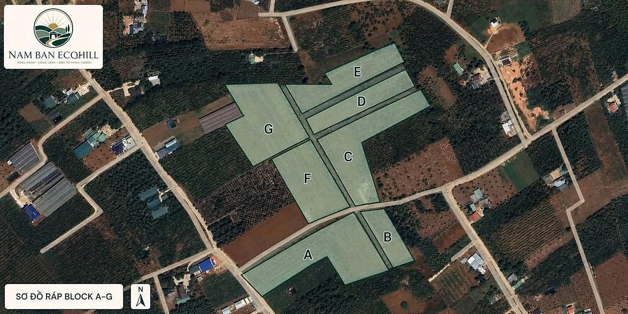Sơ đồ ráp block A–G dự án Nam Ban Ecohill (~4ha) nhìn từ trên cao