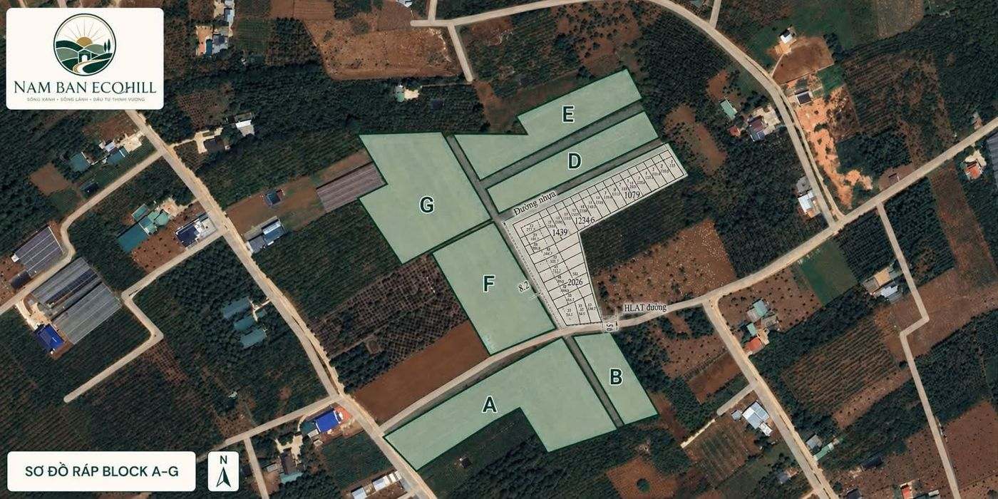 Sơ đồ ráp block A–G Nam Ban Ecohill trên nền vệ tinh, phân lô đường nhựa, HLAT đường