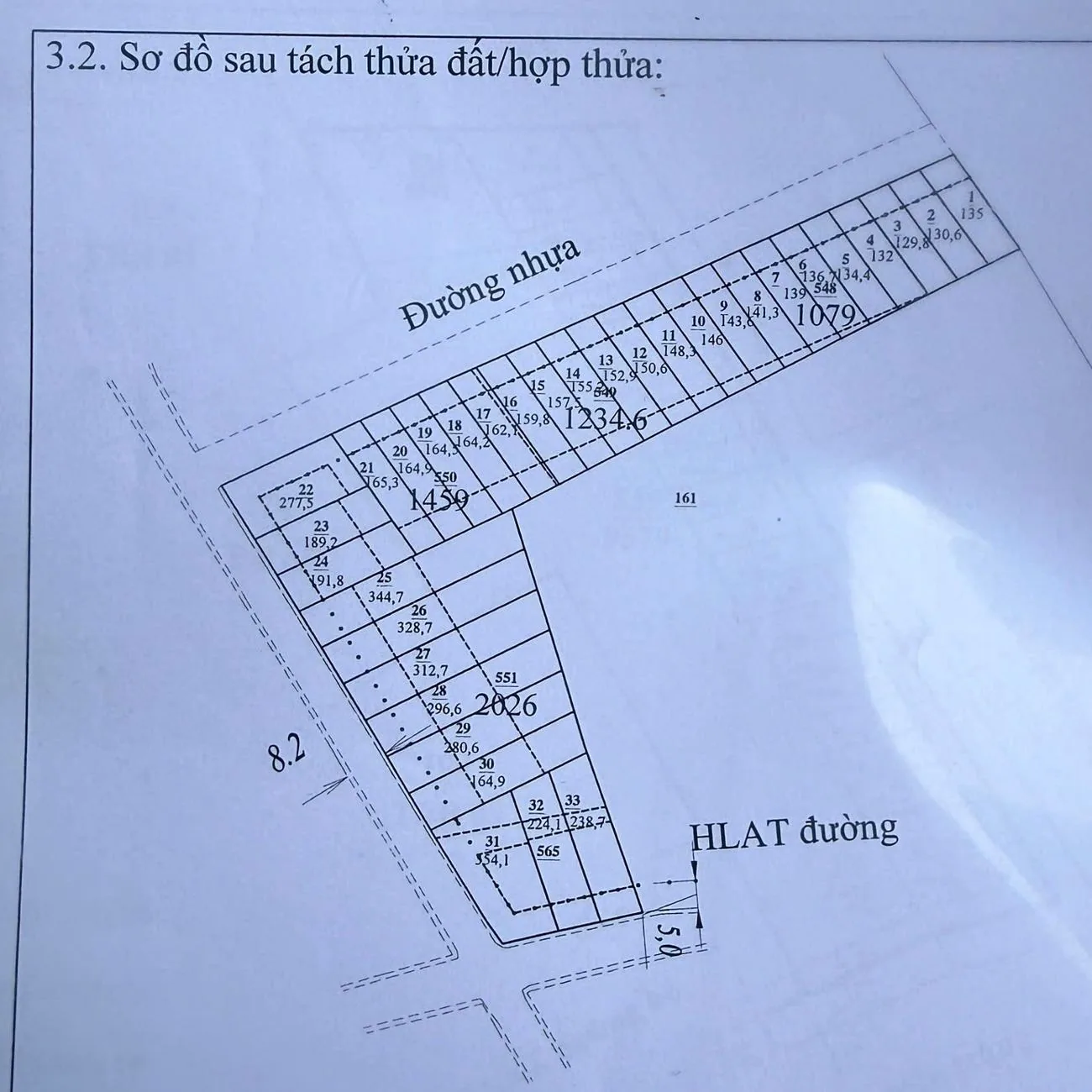 Sơ đồ tách thửa Nam Ban Ecohill – 33 nền đánh số 1–33, diện tích từ ~130m², bám mặt tiền đường nhựa