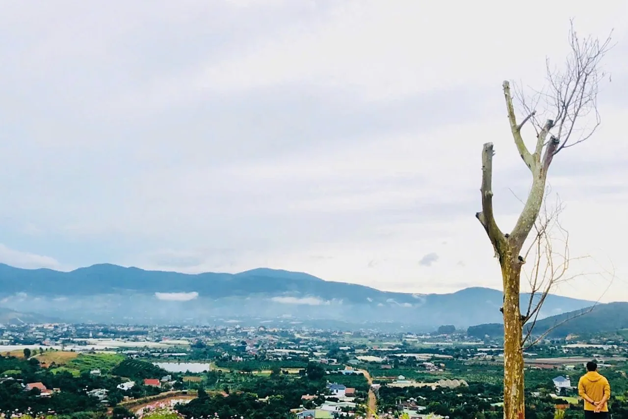 Đứng tại khu Nam Ban Panorama ngắm toàn cảnh thung lũng Nam Ban, núi mờ sương buổi sáng