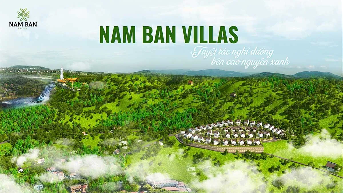 Phối cảnh Nam Ban Villas giữa cao nguyên xanh – gần thác Voi/Chùa Linh Ẩn, đồi thông Nam Ban