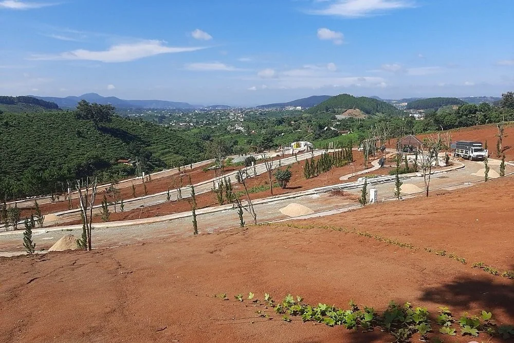 Ảnh thực tế Nam Ban Villas – các nền đã san taluy, đường nội khu, cây xanh, view thung lũng và đồi chè Nam Ban