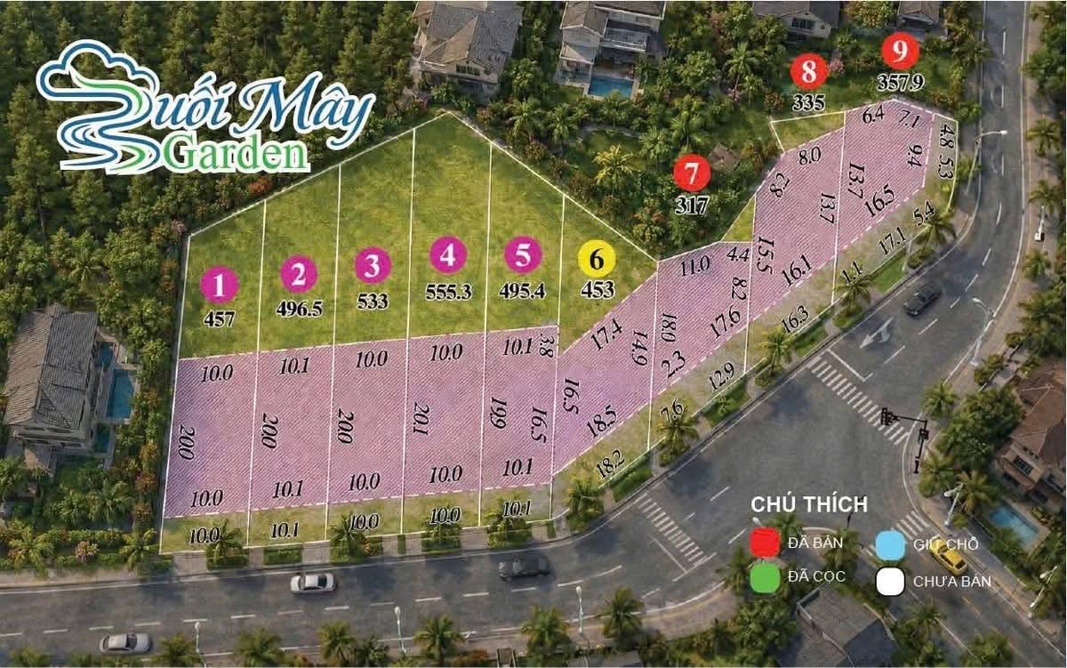 Sơ đồ phân lô cụm Suối Mây Garden Nam Ban – 9 nền 317–555m², ngang 10m, mỗi nền 200m² thổ cư, bám đường lớn