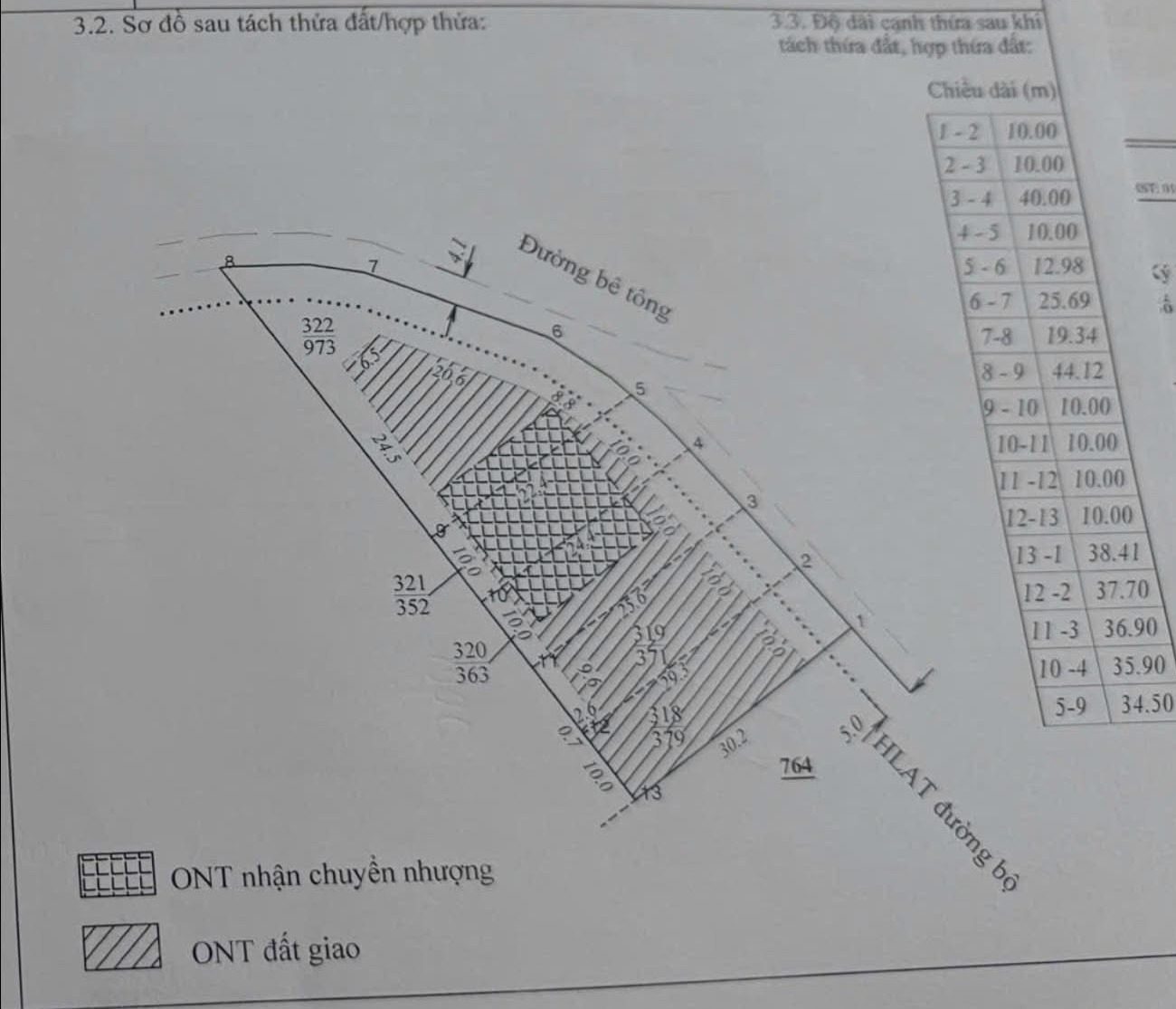 Sơ đồ phân lô cụm 5 nền Tầm Xá Nam Ban – bố cục 5 lô (thửa 318–322), kích thước cạnh, phần đất ở ONT, đường bê tông, HLAT