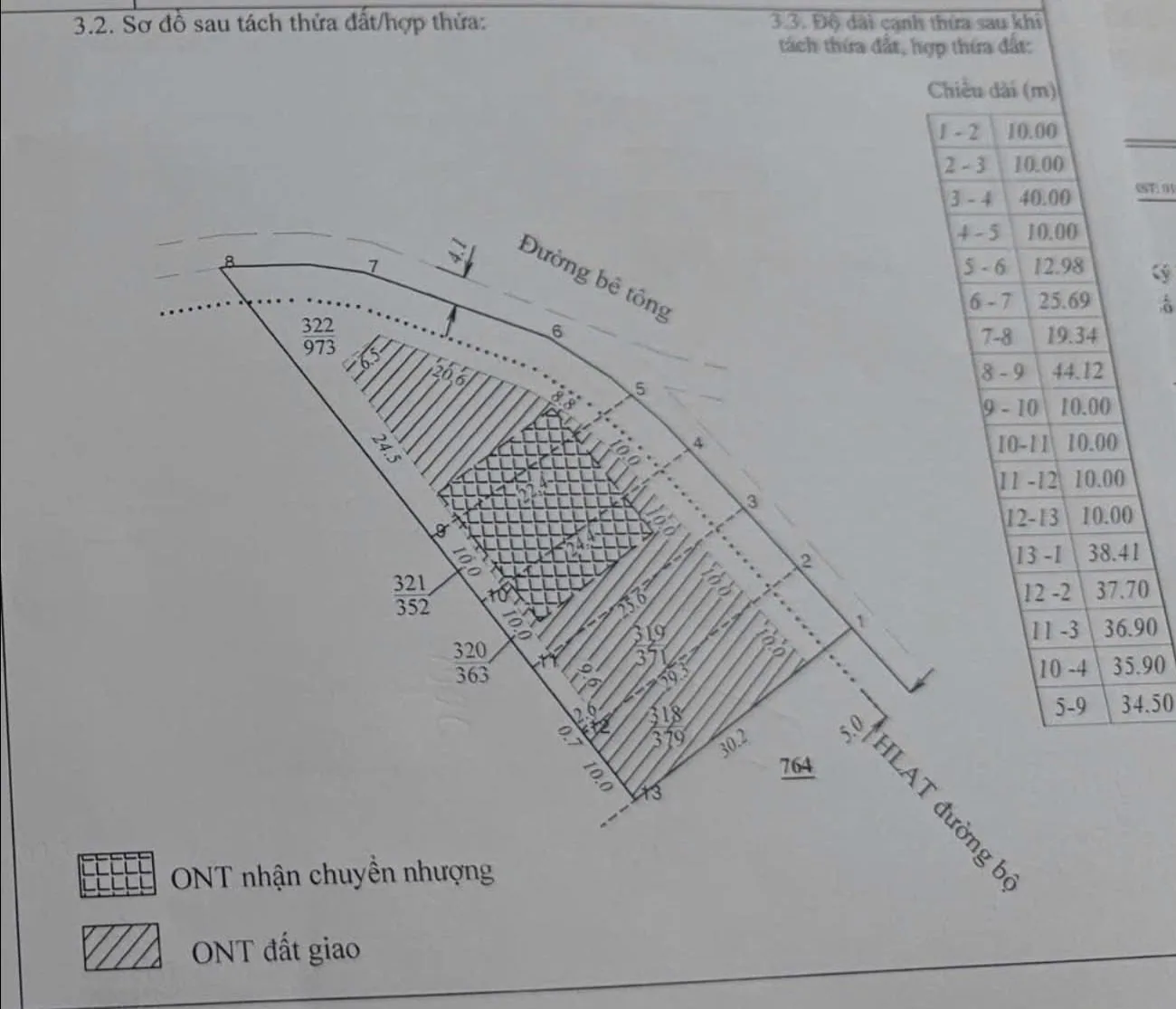 Sơ đồ phân lô cụm 5 nền Tầm Xá Nam Ban – bố cục 5 lô (thửa 318–322), kích thước cạnh, phần đất ở ONT, đường bê tông, HLAT