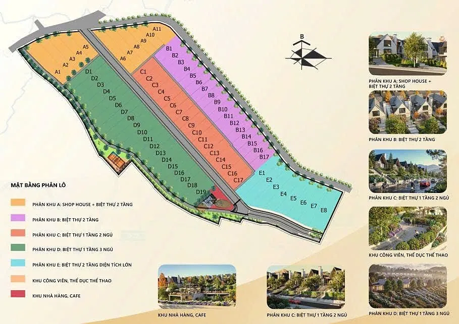 Mặt bằng phân lô Thiên Vân Village – 5 phân khu A/B/C/D/E, khu công viên, nhà hàng café