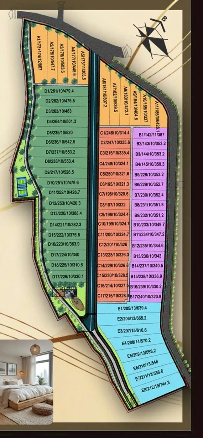 Sơ đồ phân lô chi tiết Thiên Vân Village – mã lô A1–A11, B1–B17, C1–C17, D1–D18, E1–E8 kèm diện tích