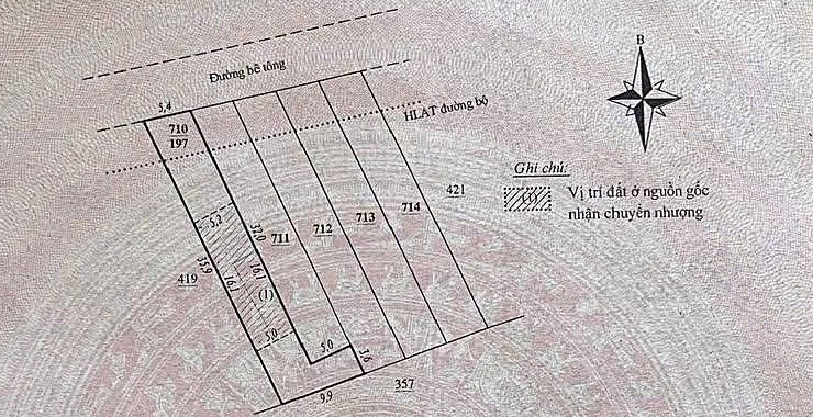 Sơ đồ thửa 710 trên sổ: mặt đường bê tông 5,4m, nở hậu 9,9m, ô đất ở gạch chéo