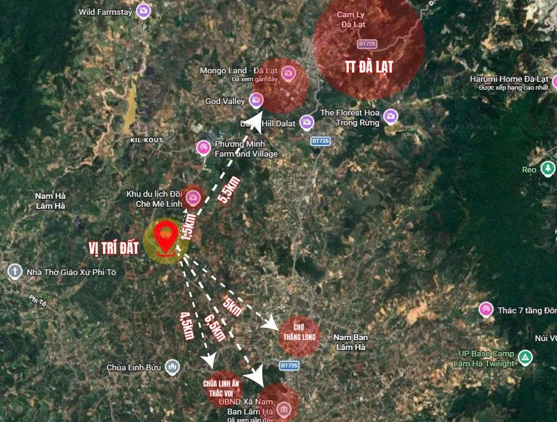 Bản đồ vị trí 2 lô đất Mê Linh: gần Đồi Chè Mê Linh 1,5km, Chợ Thăng Long 5km, Chùa Linh Ẩn – Thác Voi 6,5km, trục DT725 lên Đà Lạt