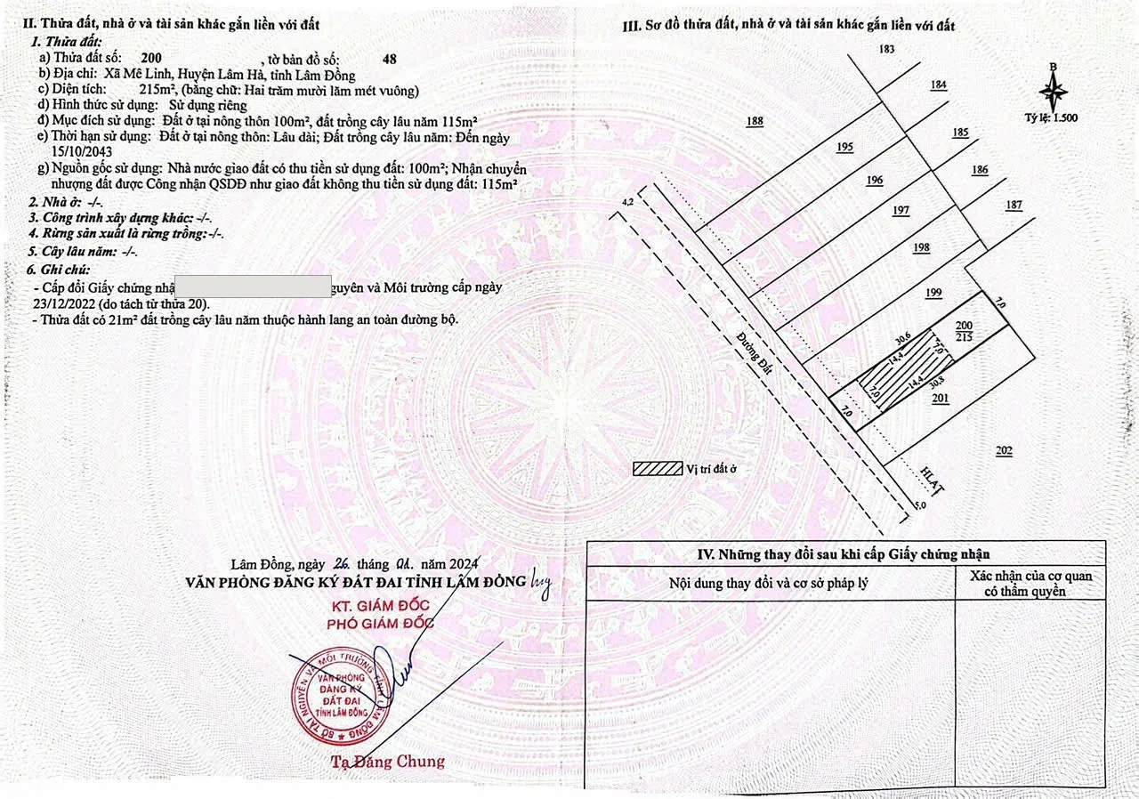 Sổ đỏ lô 1 – thửa 200, tờ bản đồ 48, Xã Mê Linh, Lâm Hà: 215m², đất ở nông thôn 100m² (số sổ đã ẩn)