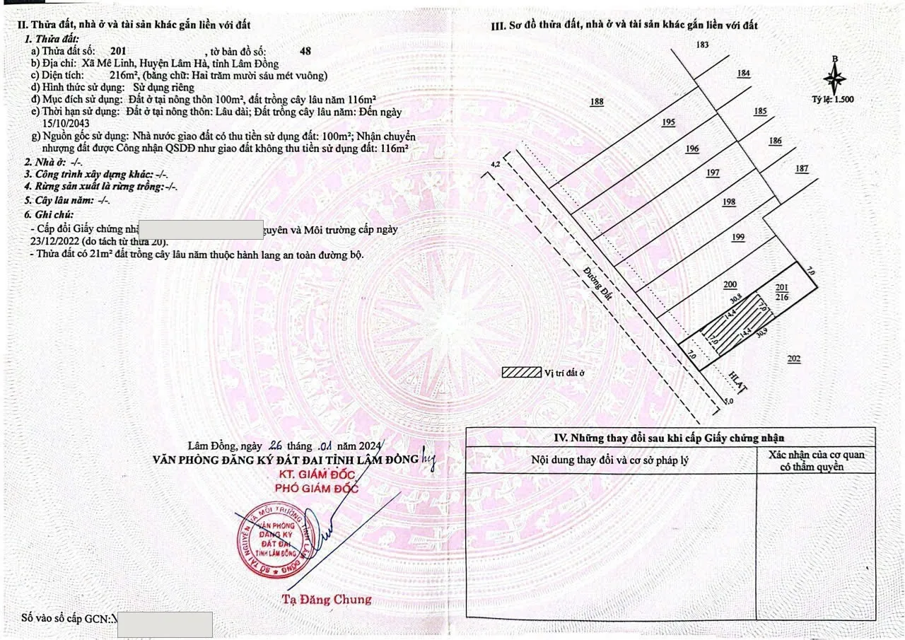Sổ đỏ lô 2 – thửa 201, tờ bản đồ 48, Xã Mê Linh, Lâm Hà: 216m², đất ở nông thôn 100m² (số sổ đã ẩn)