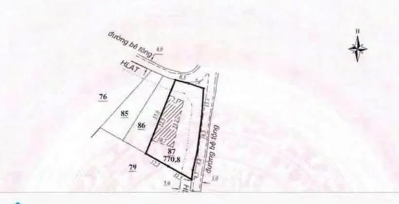 Sơ đồ lô góc thửa 87 (770,8m²) Nam Hà – hai mặt tiền đường bê tông, phần đất ở (gạch chéo), giáp các thửa 76, 85, 86, 79