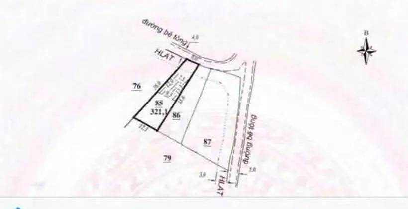 Sơ đồ thửa 85 (321,1m²) Nam Hà – mặt tiền đường bê tông, nở hậu, phần đất ở gạch chéo