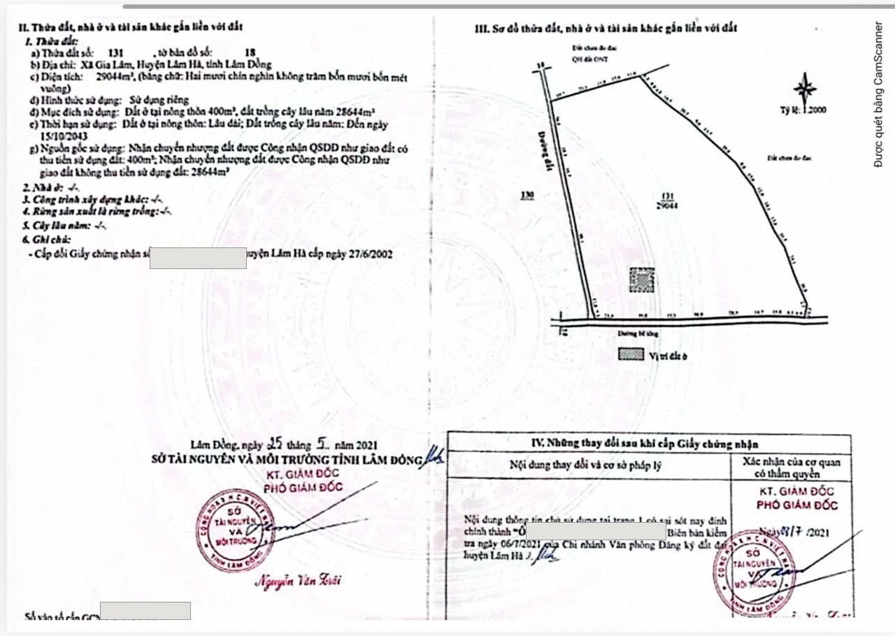 Sổ đỏ lô 29.044m² – thửa 131, tờ bản đồ 18, Xã Gia Lâm, Lâm Hà: 400m² đất ở nông thôn + 28.644m² đất trồng cây lâu năm, 2 mặt tiền (số sổ và tên chủ đã ẩn)