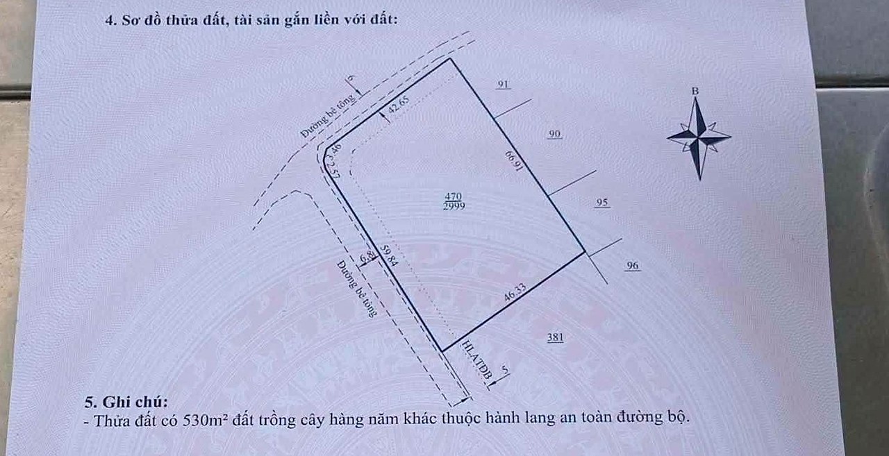 Sơ đồ thửa 470 rộng 2.999m² Đông Thanh, Nam Ban: giáp 2 đường bê tông 6m và 6,8m, có 530m² trong hành lang an toàn đường bộ