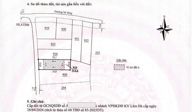 Sơ đồ thửa 925 – lô 314,6m² Đông Thanh, Nam Ban: ngang 10m, dài 31–32m, phần gạch chéo là vị trí 200m² đất ở