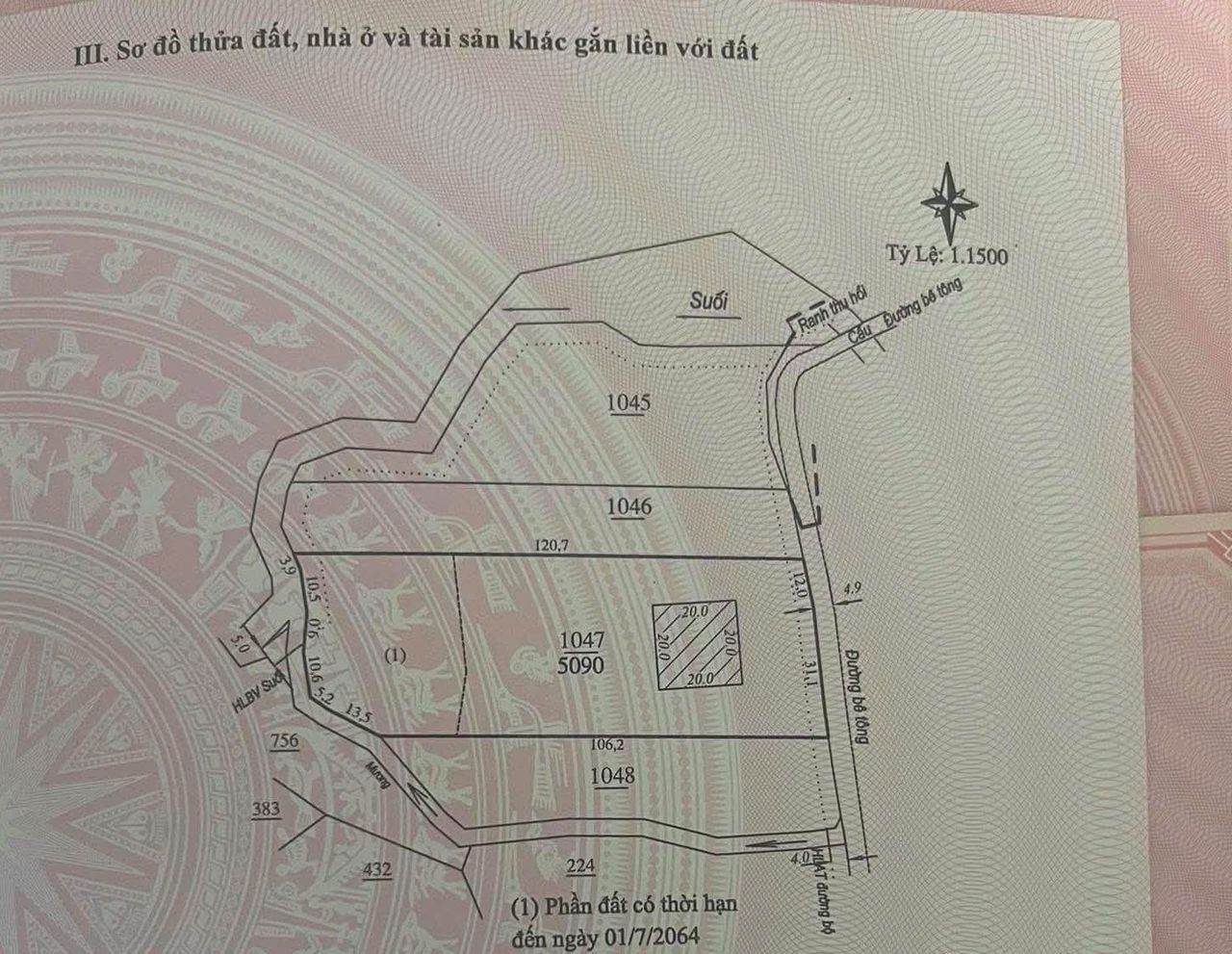 Sơ đồ thửa 1047 (5.090m²) Đông Thanh – mặt tiền đường bê tông, ô 20x20 (400m²) đất ở, giáp suối, HLAT đường bộ