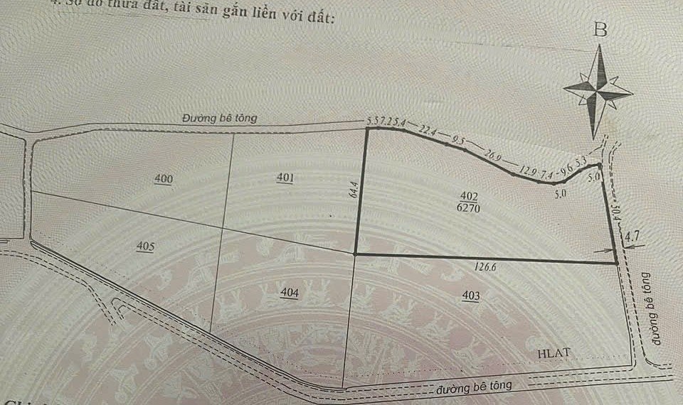 Sơ đồ thửa 402 trên sổ: 6.270m², cạnh 126,6m phía nam, giáp đường bê tông phía bắc và phía đông