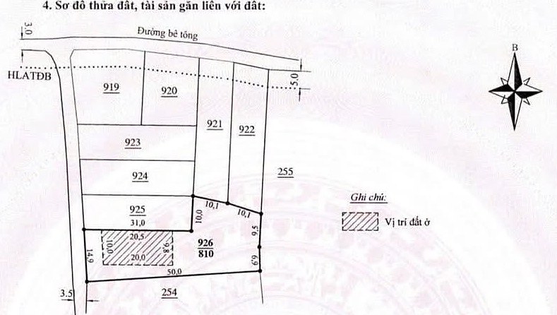 Sơ đồ thửa 926, 810m² ở Đông Thanh, Nam Ban: cạnh 14,9m giáp đường, sâu 31–50m, ô đất ở 20×10m gạch chéo
