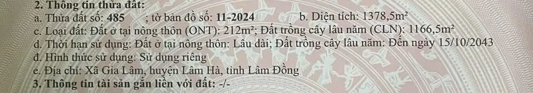 Trích sổ (GCN) thửa 485, tờ bản đồ 11-2024: diện tích 1.378,5m², đất ở nông thôn (ONT) 212m², đất trồng cây lâu năm (CLN) 1.166,5m², xã Gia Lâm, Lâm Hà