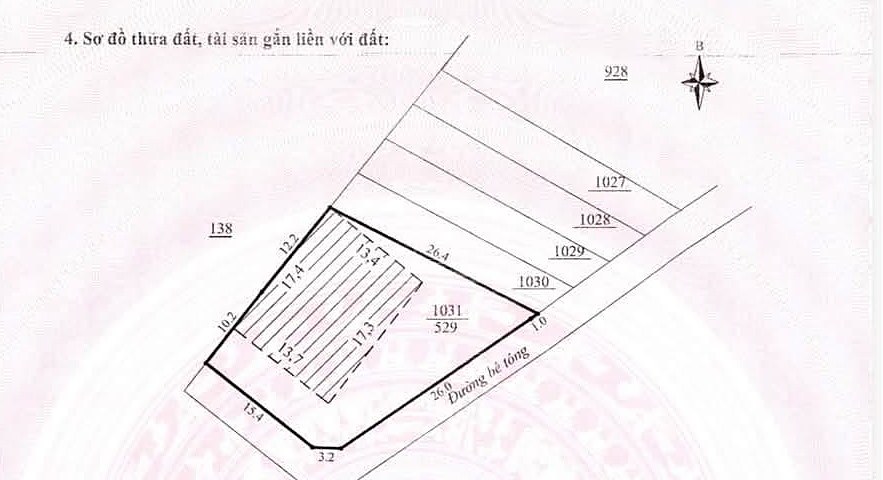 Sơ đồ thửa 1031, 529m², phần đất ở gạch chéo, một cạnh 26m giáp đường bê tông – lô góc gần đường nhựa Hà Bắc, Nam Ban