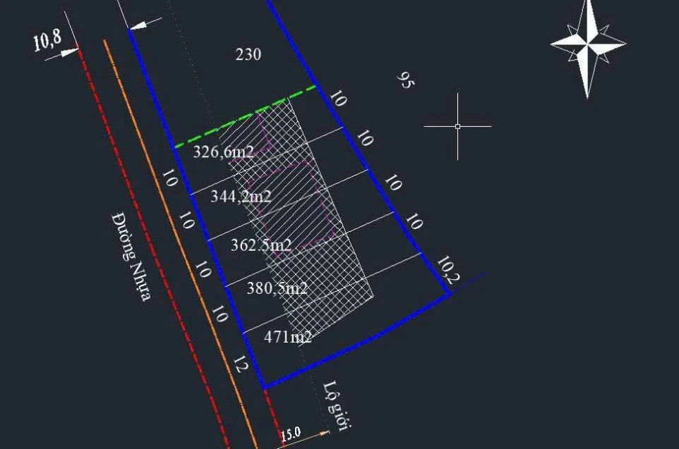 Bản vẽ phân lô mặt tiền đường nhựa Mê Linh, Nam Ban – 5 lô ngang 10m (326–471m²), lộ giới đường 15m, phần gạch chéo là đất ở