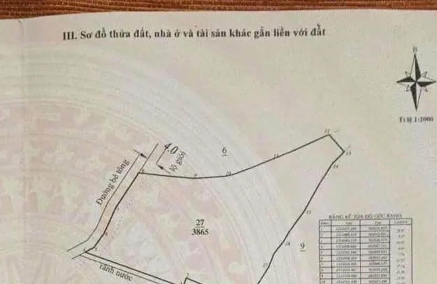 Sơ đồ thửa 27 (3.865m²) tờ bản đồ 29 xã Mê Linh – mặt tiền đường bê tông, phần lộ giới, giáp tính nước; đất trồng cây lâu năm