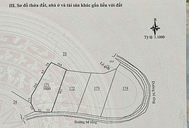 Sơ đồ thửa 171 trên sổ, lô 1.000m² Nam Hà (giáp Nam Ban): cạnh 9,1m + 7,3m giáp đường bê tông, sâu 21,8–44,1m