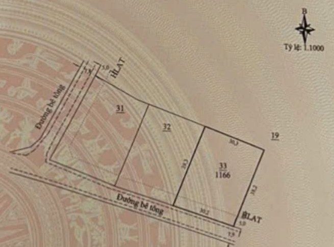 Sơ đồ thửa 33 trên sổ, lô 1.166m² Nam Hà (giáp Nam Ban): ngang 30,2m giáp đường bê tông, sâu 38,2m