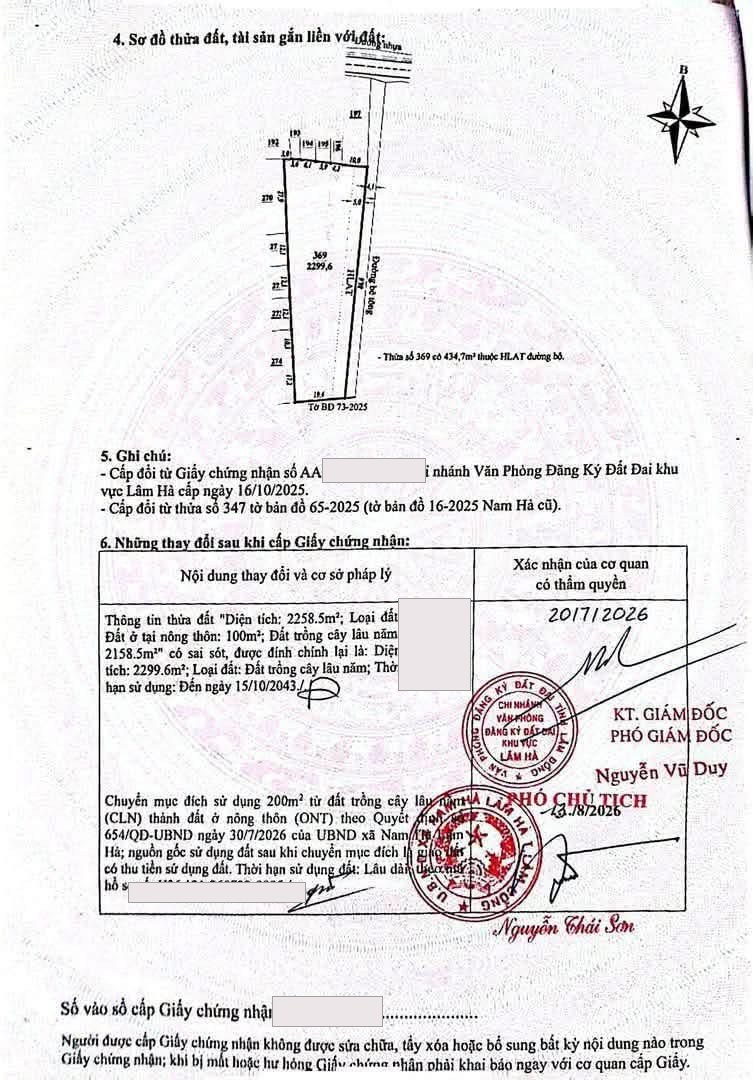 Sổ lô 2.299,6m² Nam Hà: sơ đồ thửa, ghi chú 434,7m² thuộc hành lang an toàn đường bộ, chuyển 200m² sang đất ở ngày 30/7/2026 (số sổ đã ẩn)
